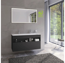 Salle de bains moderne avec meuble sous-lavabo, double vasque et miroir lumineux ainsi que le label PEFC