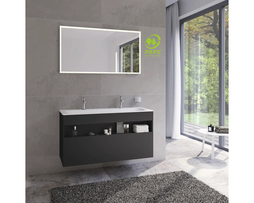 Salle de bains moderne avec meuble sous-lavabo, double vasque et miroir lumineux ainsi que le label PEFC