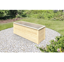 Rechteckiger Pflanzkasten aus Holz im Garten.