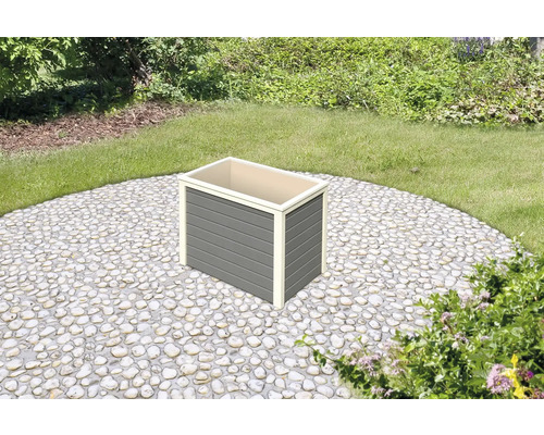 Grauer Pflanzkasten aus Holz für den Aussenbereich im Garten.