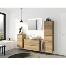 Badmöbel-Set NOBILIA Programm 3 BxHxT 210 x 169,1 x 48,7 cm Frontfarbe eiche natur mit Aufsatz-Waschtisch weiß und Spiegel mit LED-Beleuchtung Midischrank Unterschrank Griffleiste chrom matt 470