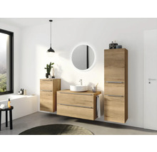 Badmöbel-Set NOBILIA Programm 3 BxHxT 210 x 169,1 x 48,7 cm Frontfarbe eiche natur mit Aufsatz-Waschtisch weiß und Spiegel rund mit LED-Beleuchtung Midischrank Unterschrank Griffleiste chrom matt 486