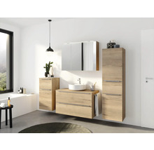 Badmöbel-Set NOBILIA Programm 3 BxHxT 101 x 169,1 x 48,7 cm Frontfarbe eiche natur mit Aufsatz-Waschtisch und Spiegelschrank 3-türig mit LED-Beleuchtung Griffleiste chrom matt 454