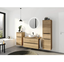 Badmöbel-Set NOBILIA Programm 3 BxHxT 210 x 169,1 x 48,7 cm Frontfarbe eiche natur mit Aufsatz-Waschtisch weiß und Spiegel rund mit LED-Beleuchtung Midischrank Unterschrank Griffleiste schwarz 487