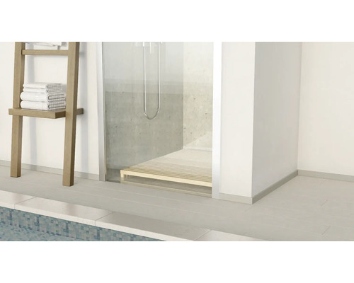 Salle de bain avec douche, échelle à serviettes et sol carrelé