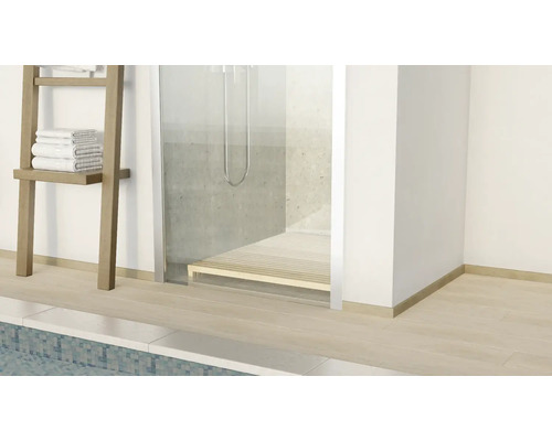 Badezimmeransicht mit Dusche, Handtuchleiter und Fliesenboden