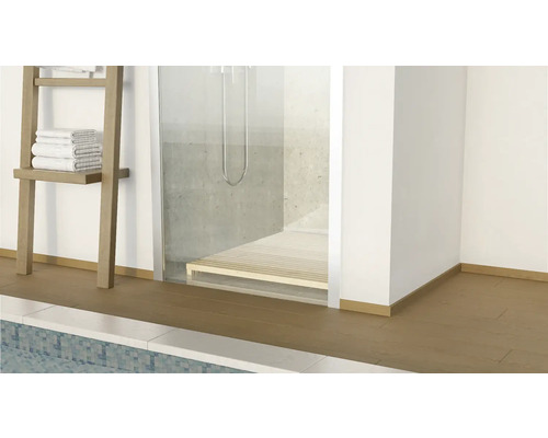 Salle de bains avec douche, échelle porte-serviettes et plancher en bois