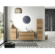 Badmöbel-Set NOBILIA Programm 3 BxHxT 230 x 169,1 x 48,7 cm Frontfarbe eiche natur mit Aufsatz-Waschtisch weiß und Spiegel rund mit LED-Beleuchtung Midischrank Unterschrank Griffleiste schwarz 543