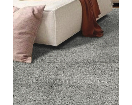 Vue détaillée d''un tapis gris avec canapé et coussins
