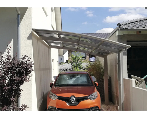 Abri de voiture en métal et en verre avec voiture