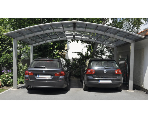 Carport double Ximax Portoforte type 60 version M aluminium anodisé 542,3 x 495,4 cm au look inox