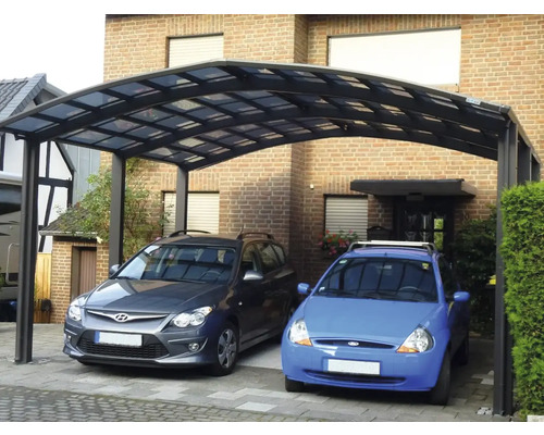 Double carport métallique avec deux voitures garées