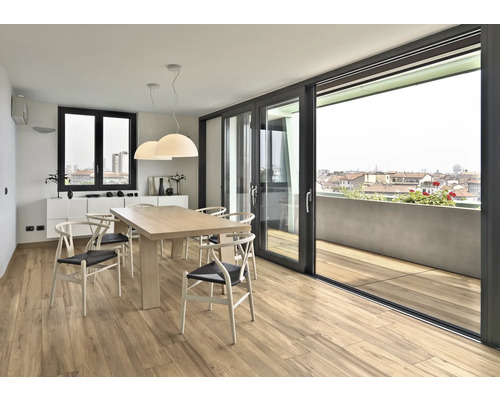 Heller Essbereich mit Holzboden, Esstisch und Schiebetür zum Balkon mit Stadtblick