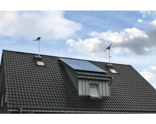 Dach mit Solarzellen, Wetterfahne und Dachfenstern