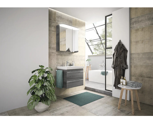 Set meubles salle de bains Pelipal Sunline 108 lxhxp 70 x 200 x 46 cm couleur de façade graphite structure transversale Set meubles salle de bains 3 pièces av. vasque en marbre minéral blanc et meuble sous vasque armoire de toilette avec éclairage LED