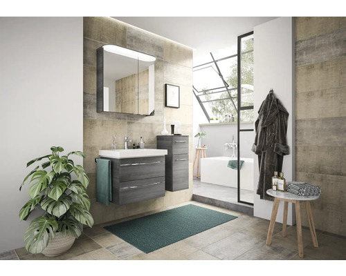 Set meubles salle de bains Pelipal Sunline 108 lxhxp 100 x 200 x 46 cm couleur de façade graphite structure transversale 4 pièces av. vasque en marbre minéral blanc et meuble sous vasque armoire de toilette av. éclairage LED meuble bas