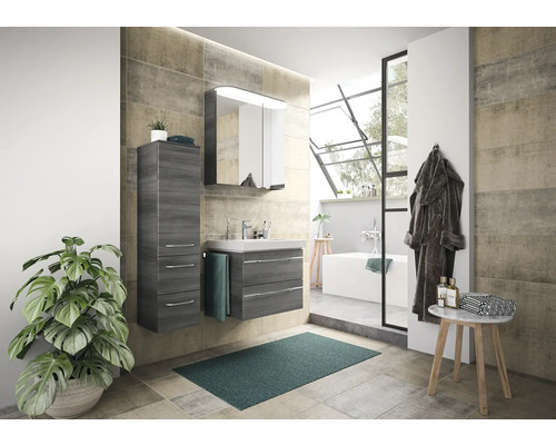 Set meubles salle de de bains Pelipal Sunline 108 lxhxp 100 x 200 x 46 cm couleur de façade graphite structure transversale 4 pièces av. vasque en marbre minéral blanc et meuble sous vasque armoire de toilette av. éclairage LED armoire murale