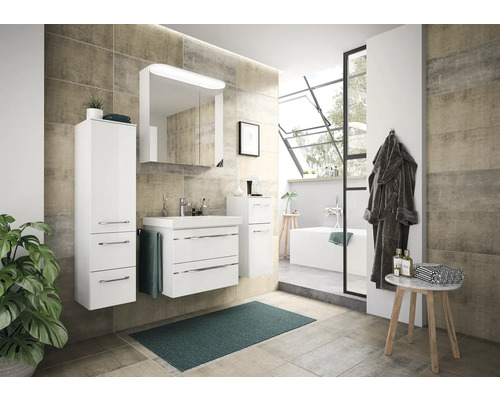 Set de meubles de salle de bains Pelipal Sunline 108 lxhxp 130 x 200 x 46 cm couleur de façade blanc haute brillance 5 pièces vasque en fonte minérale blanc meuble sous vasque armoire de toilette avec éclairage LED