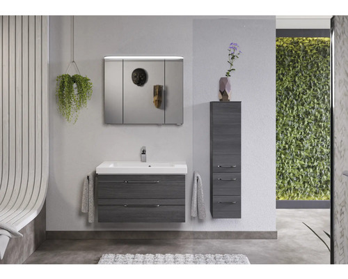 Salle de bains moderne avec meuble sous-lavabo, armoire de toilette et armoire haute
