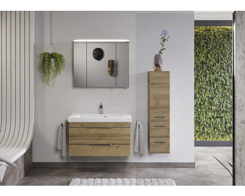 Salle de bain avec meuble sous-lavabo, armoire de toilette et armoire haute au design bois