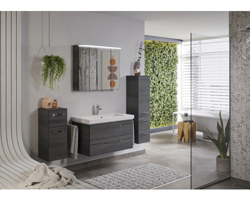 Set de meubles de salle de bains Pelipal Sunline 108 lxhxp 152 x 200 x 50,8 cm couleur de façade graphite structure transversale 5 pièces vasque en fonte minérale blanc meuble sous vasque armoire de toilette avec éclairage LED