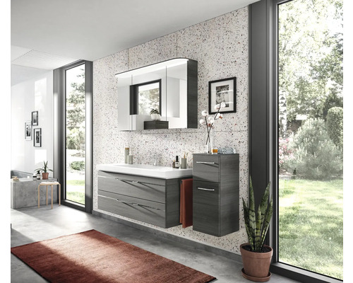 Set meubles salle de bains Pelipal Sunline 108 lxhxp 153 x 200 x 50,8 cm couleur de façade graphite structure transversale 4 pièces av. vasque en marbre minéral blanc et meuble sous vasque armoire de toilette av. éclairage LED meuble bas