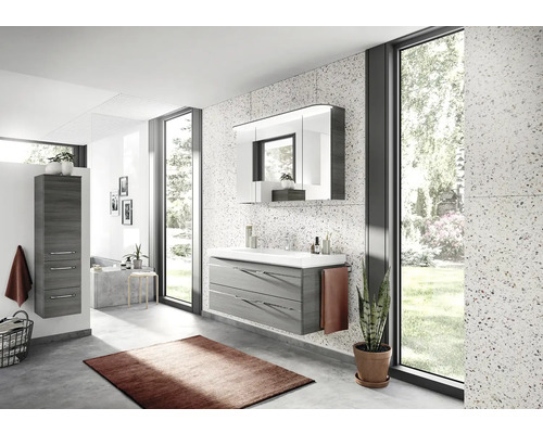 Set meubles salle de de bains Pelipal Sunline 108 lxhxp 153 x 200 x 50,8 cm couleur de façade graphite structure transversale 4 pièces av. vasque en marbre minéral blanc et meuble sous vasque armoire de toilette av. éclairage LED armoire murale