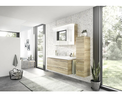 Salle de bains moderne avec meuble-lavabo, armoire de toilette et armoire haute aspect bois devant une grande fenêtre.