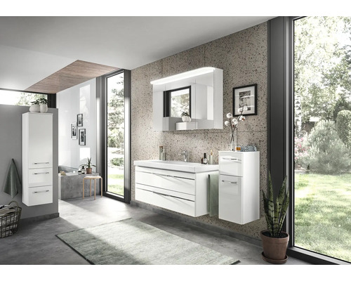Set de meubles de salle de bains Pelipal Sunline 108 lxhxp 183 x 200 x 50,8 cm couleur de façade blanc haute brillance 5 pièces vasque en fonte minérale blanc meuble sous vasque armoire de toilette avec éclairage LED