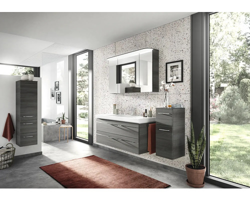 Set de meubles de salle de bains Pelipal Sunline 108 lxhxp 183 x 200 x 50,8 cm couleur de façade graphite structure transversale 5 pièces vasque en fonte minérale blanc meuble sous vasque armoire de toilette avec éclairage LED