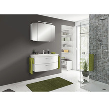 Modernes Badezimmer mit Waschbeckenunterschrank, Spiegelschrank und Dusche
