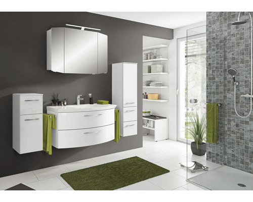 Set de meubles de salle de bains Pelipal Sunline 104 lxhxp 161 x 200 x 50,5 cm couleur de façade blanc haute brillance 5 pièces vasque en fonte minérale blanc meuble sous vasque armoire de toilette avec éclairage LED