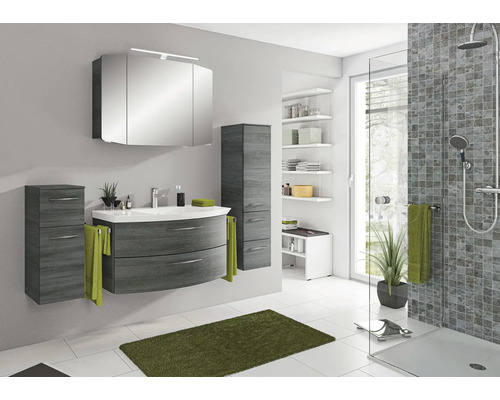 Set de meubles de salle de bains Pelipal Sunline 104 lxhxp 161 x 200 x 50,5 cm couleur de façade graphite structure transversale 5 pièces vasque en fonte minérale blanc meuble sous vasque armoire de toilette avec éclairage LED Salle de bains moderne avec meuble-lavabo, armoire de toilette et douche
