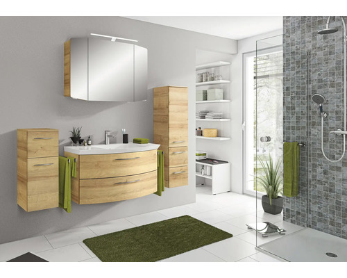 Set de meubles de salle de bains Pelipal Sunline 104 lxhxp 161 x 200 x 50,5 cm couleur de façade chêne riviera 5 pièces vasque en fonte minérale blanc meuble sous vasque armoire de toilette avec éclairage LED