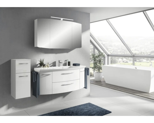 Badmöbel-Set Pelipal Sunline 104 BxHxT 151 x 200 x 50,5 cm Frontfarbe weiß hochglanz Badmöbelset 4-teilig mit Waschtisch Mineralmarmor weiß und Waschtischunterschrank Spiegelschrank mit LED-Beleuchtung Unterschrank