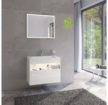 Salle de bain moderne avec meuble sous-vasque blanc, miroir lumineux et label PEFC pour une gestion forestière durable