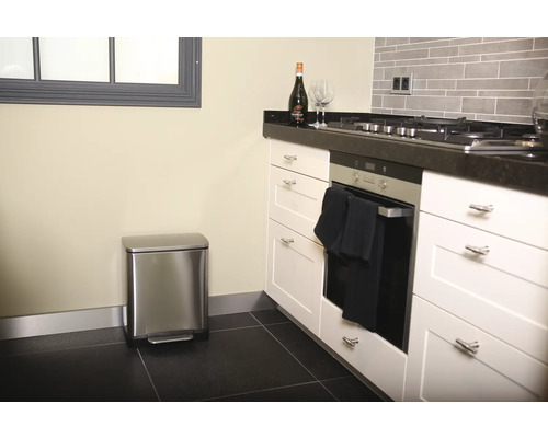 Cuisine avec poubelle en acier inoxydable, évier et plaque de cuisson