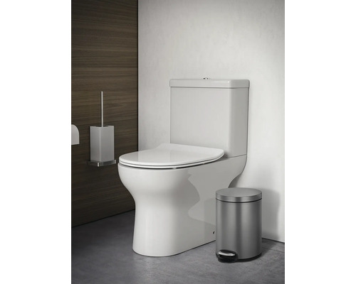 Scène de salle de bains avec toilettes, brosse de toilette et poubelle