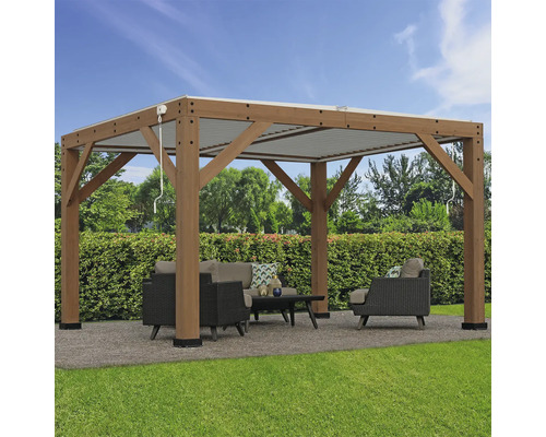 Pergola, pavillon WESTMANN Karl 396 x 335 x 251 cm nature Pavillon en bois avec toit à lamelles et salon de jardin