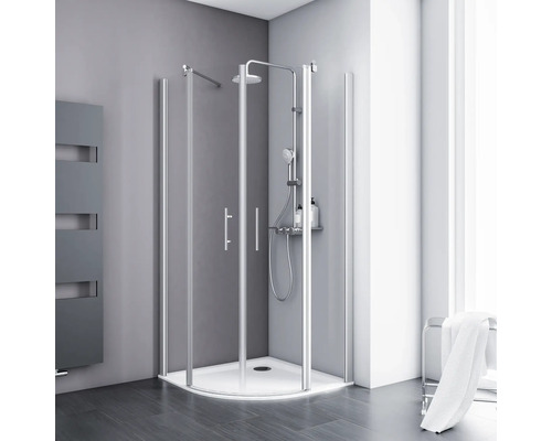 Cabine de douche d''angle avec pomme de douche et douchette dans la salle de bain