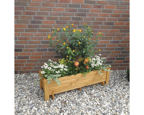 Holzpflanzkasten mit verschiedenen Blumen bepflanzt