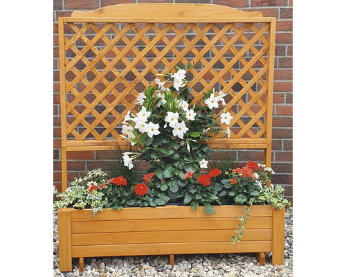 Blumenkasten aus Holz mit Rankgitter und Bepflanzung vor einer Ziegelwand