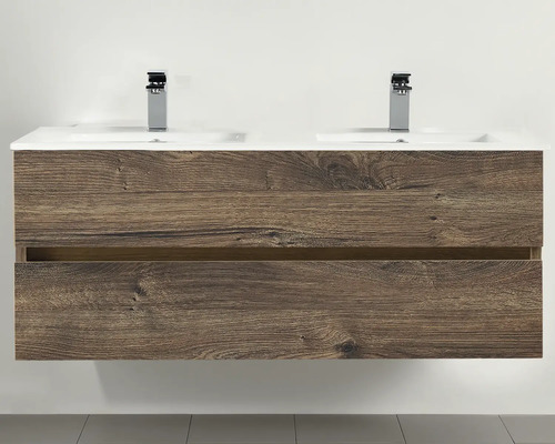 Waschtisch mit zwei Waschbecken und Holzoptik