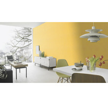 Salon lumineux avec peinture murale jaune, table à manger, buffet et façade vitrée