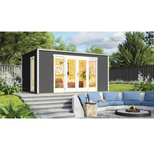 Modernes Gartenhaus mit Terrasse und Feuerstelle im Garten