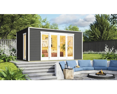 Gartenhaus weka P 2 inkl. Fußboden 450 x 302,5 cm graphitgrau Modernes Gartenhaus mit Terrasse und Feuerstelle im Garten