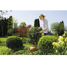 Une femme taille une haie avec un taille-haie dans le jardin.