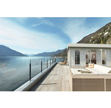 Scène avec abri de jardin, terrasse avec garde-corps en verre, mobilier de salon et vue sur un lac.