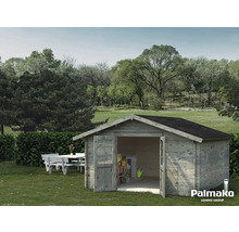 Abri de jardin en bois avec portes ouvertes et mobilier de jardin