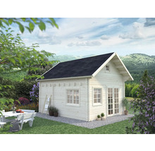 Maison de jardin en bois avec fenêtres, double porte et toit à deux versants dans le jardin